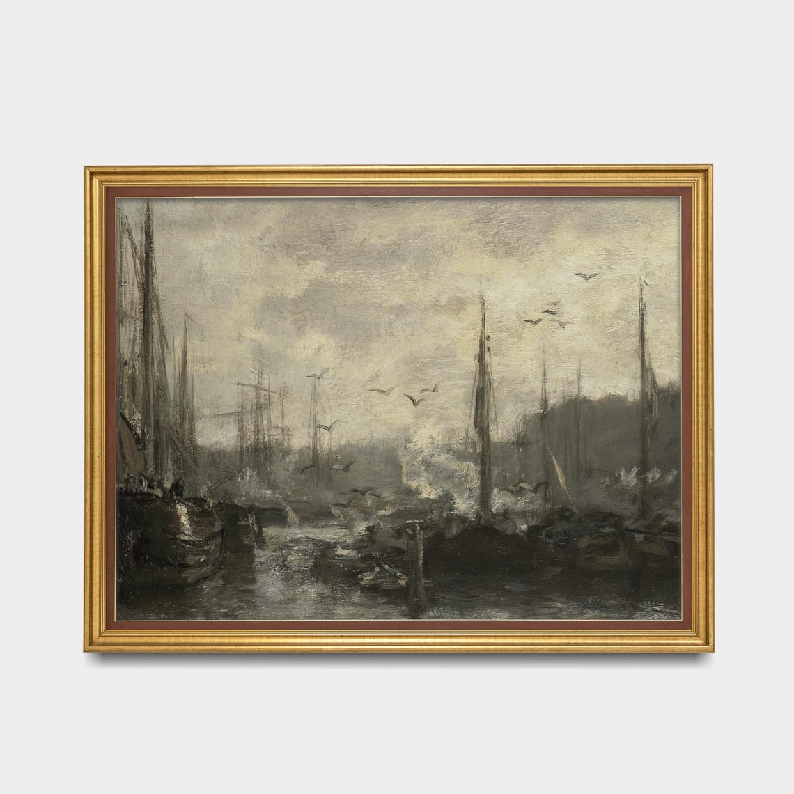 Vintage Harbour Painting Antique Coastal Print Moody Rustic Sailing Boat Art Nautical Decor Wall Art - Image 3