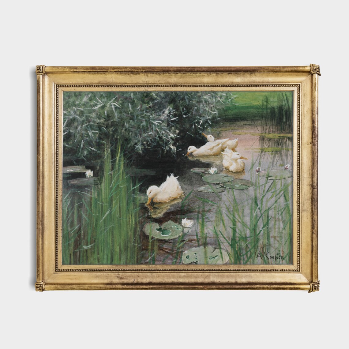 White Ducks in a Lily Pond Vintage Water Bird Painting Poster - Image 2