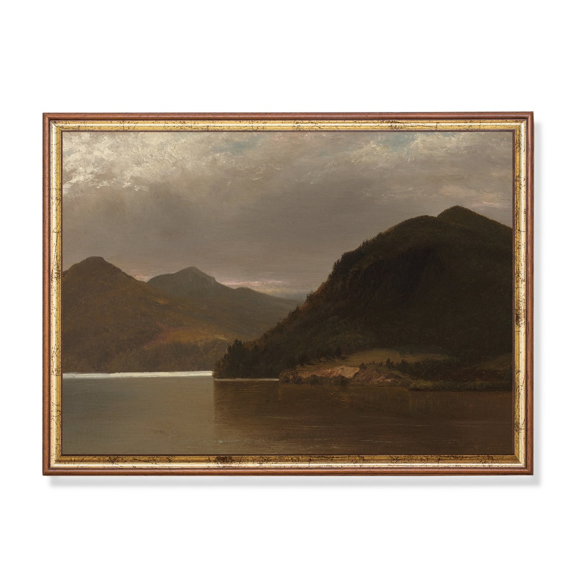 Calm Lake Between Dark Mountains at Dusk Antique Landscape Poster