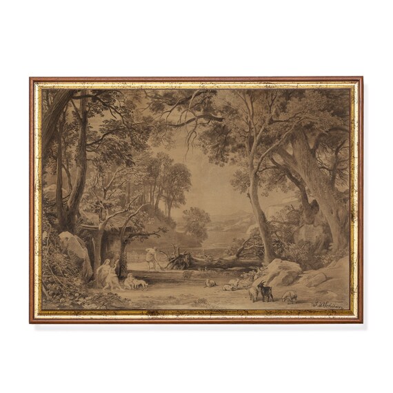 Print And Ship Landscape Sketch Print Vintage Drawing Moody Rustic Country Decor Antique Painting Forest Nature Art Mailed Art