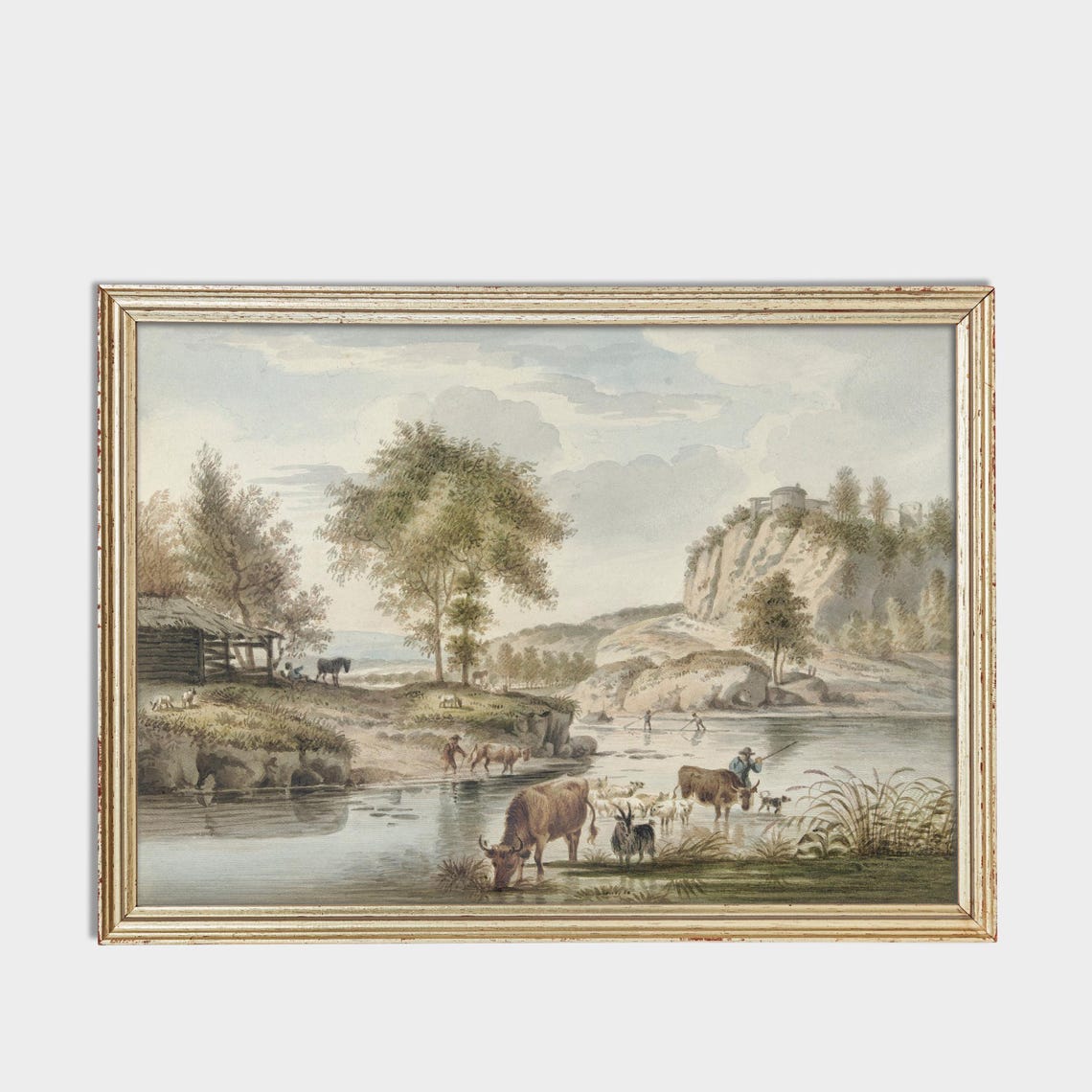Cattle Watering at River Beneath Cliffs Pastoral Landscape Poster - Image 4
