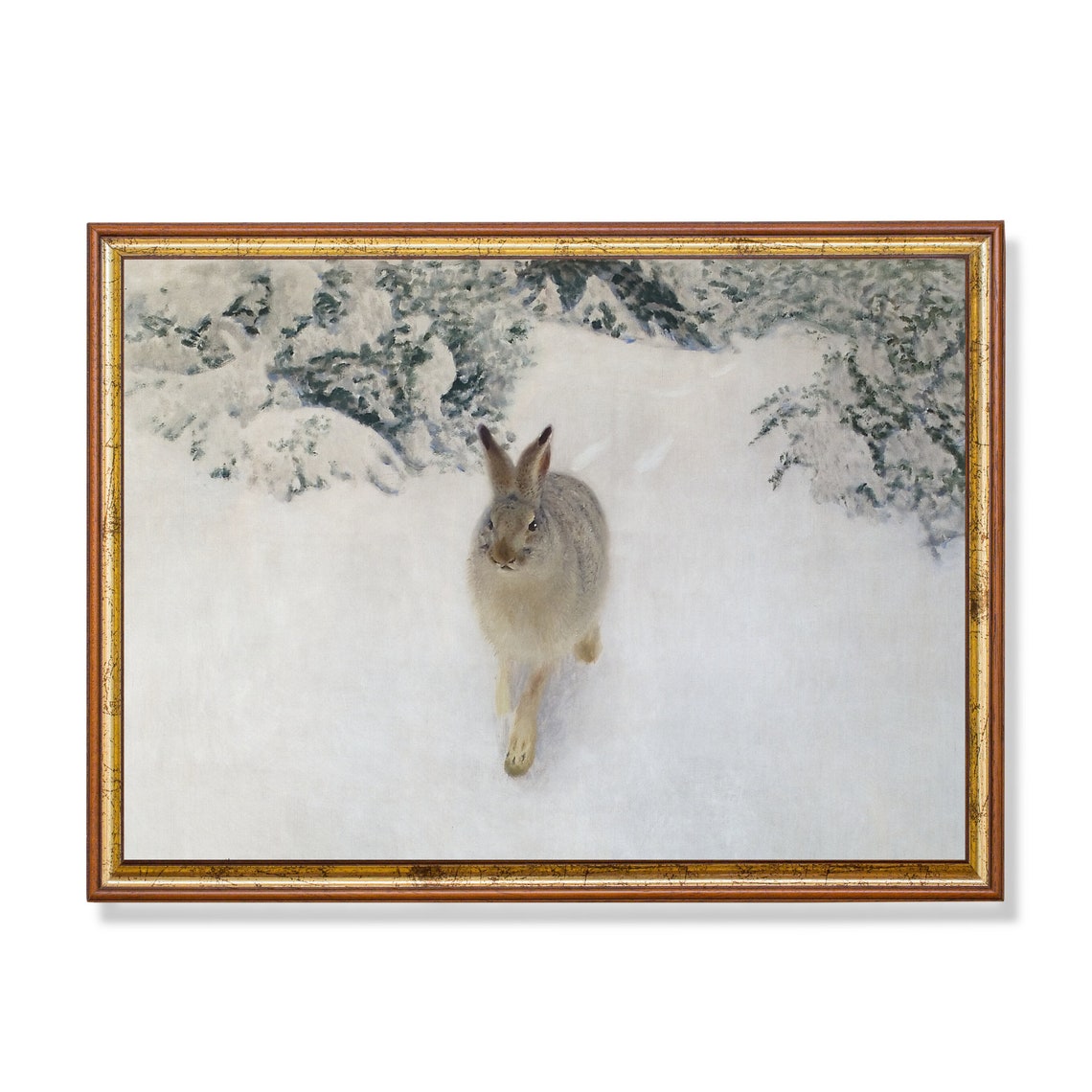 Hare Running Through Deep Snow Vintage Winter Wildlife Painting Poster
