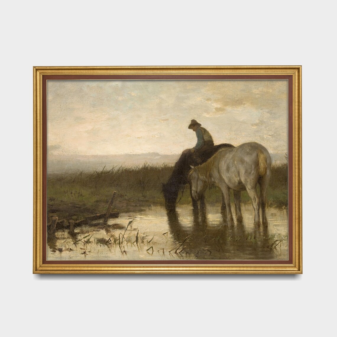 Rider Watering Horses at Dusk Antique Equestrian Painting Art Poster - Image 3