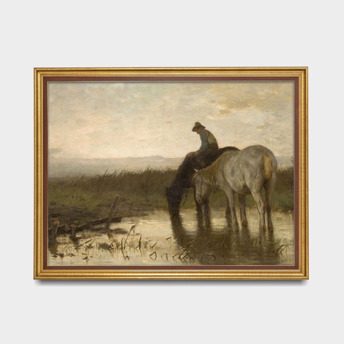 Rider Watering Two Horses at a Still Pond Under a Pale Dusk Sky Poster - Image 5