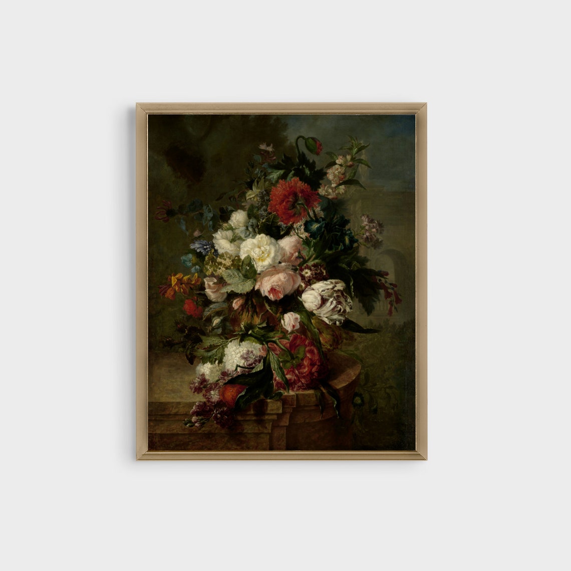 Overflowing Bouquet in a Stone Vase on Dark Moody Background Poster