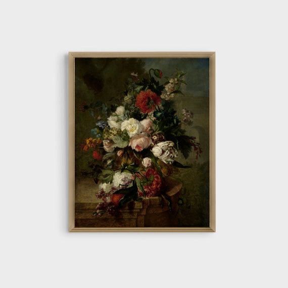 Vintage Still Life Flower Painting Moody Floral Antique Art Print Vertical Wall Art 18th Century Fine Art Poster