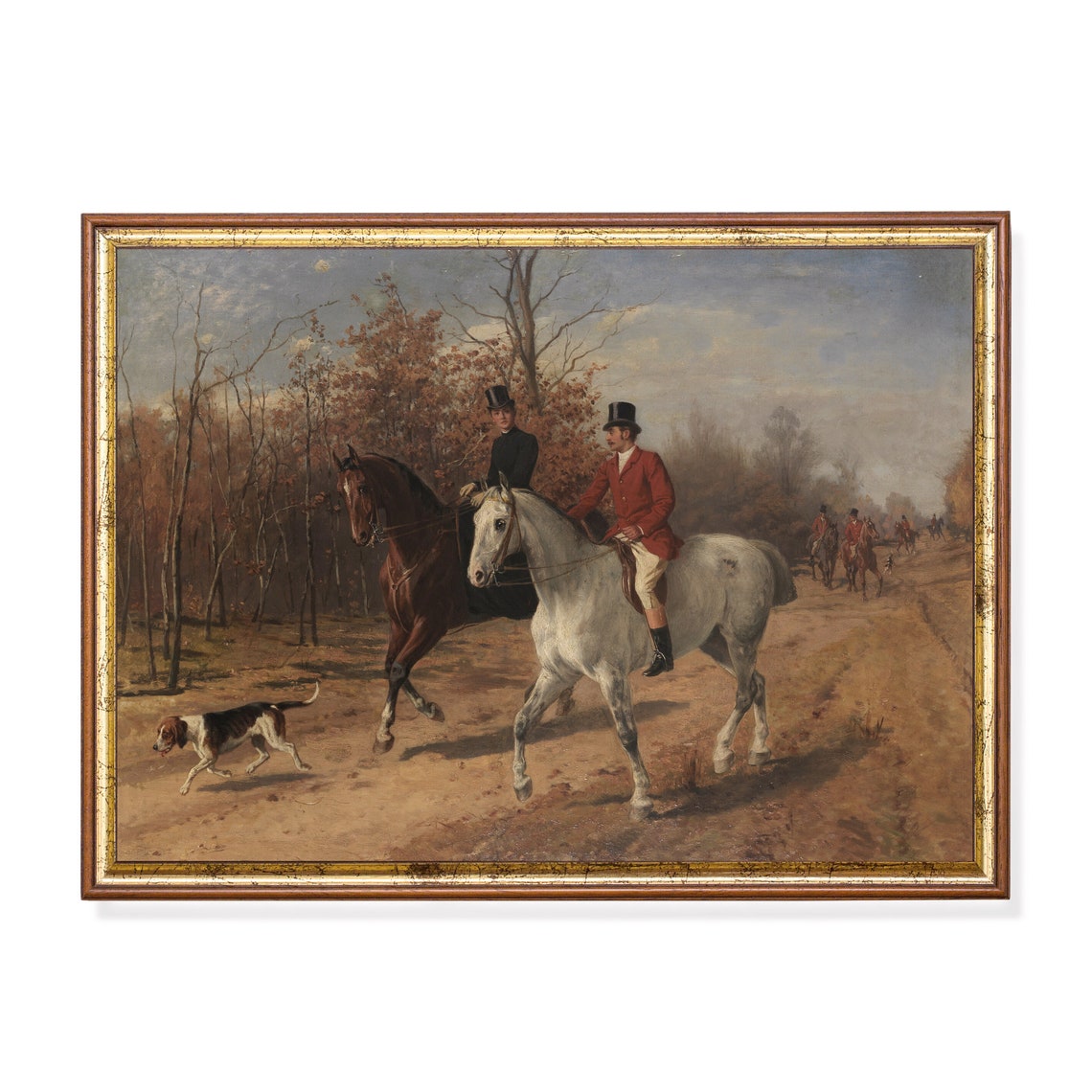 Fox Hunt Riders on Bay and Grey Horses in Autumn Woods Poster