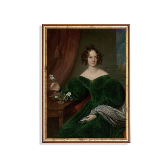 Young Woman in a Green Velvet Dress Holding Flowers Portrait Poster
