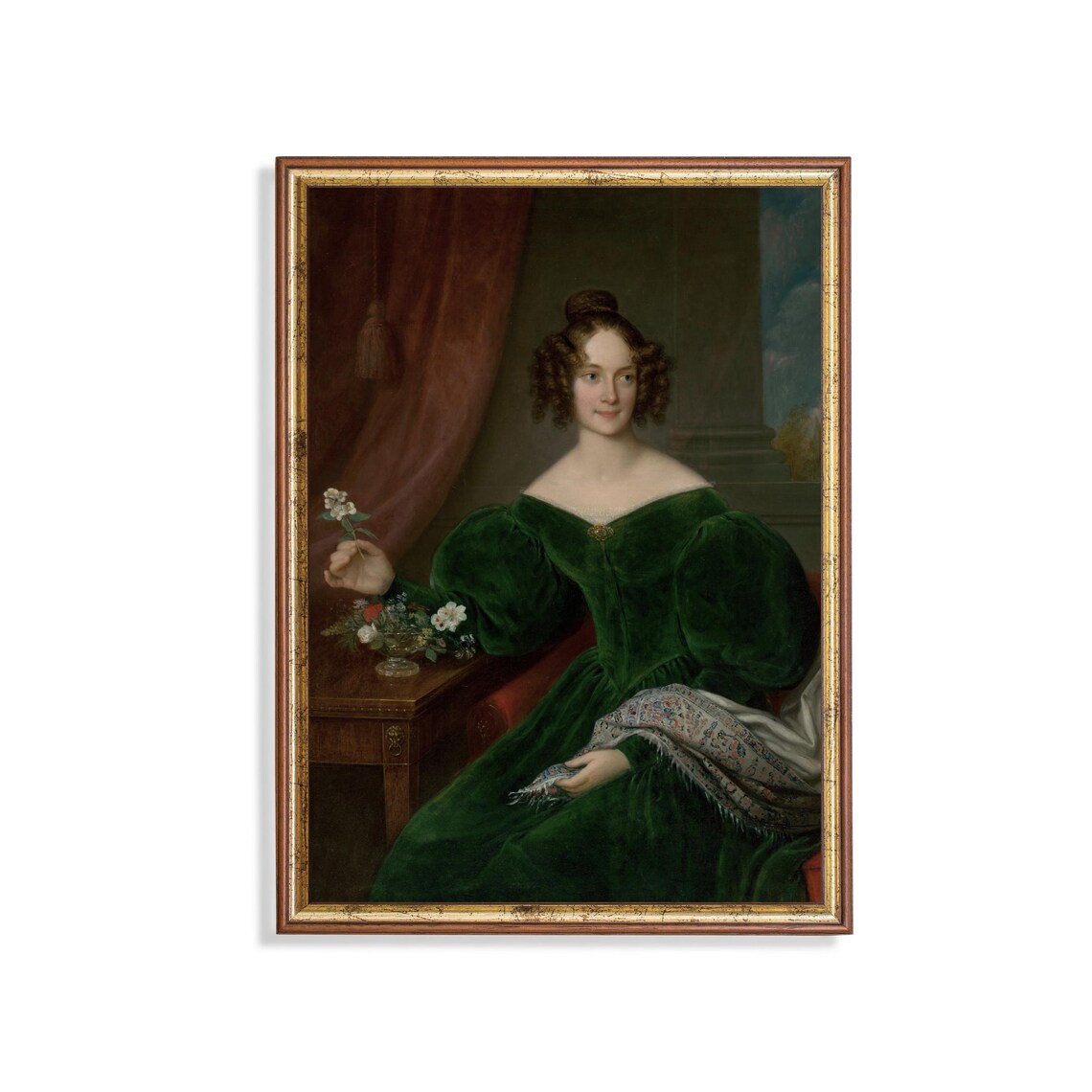 Young Woman in a Green Velvet Dress Holding Flowers Portrait Poster
