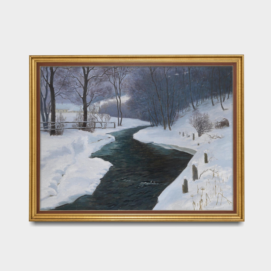 Dark Open River Flowing Through a Snowy Forest Moody Scene Poster - Image 2