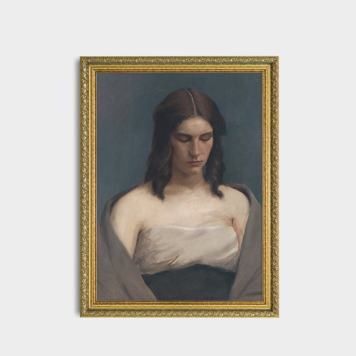 Vintage Portrait of Pensive Young Woman in Strapless Gown Moody Poster - Image 3