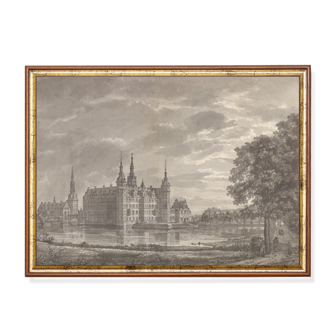 Grand Moated Renaissance Castle Reflected in Water Vintage Poster