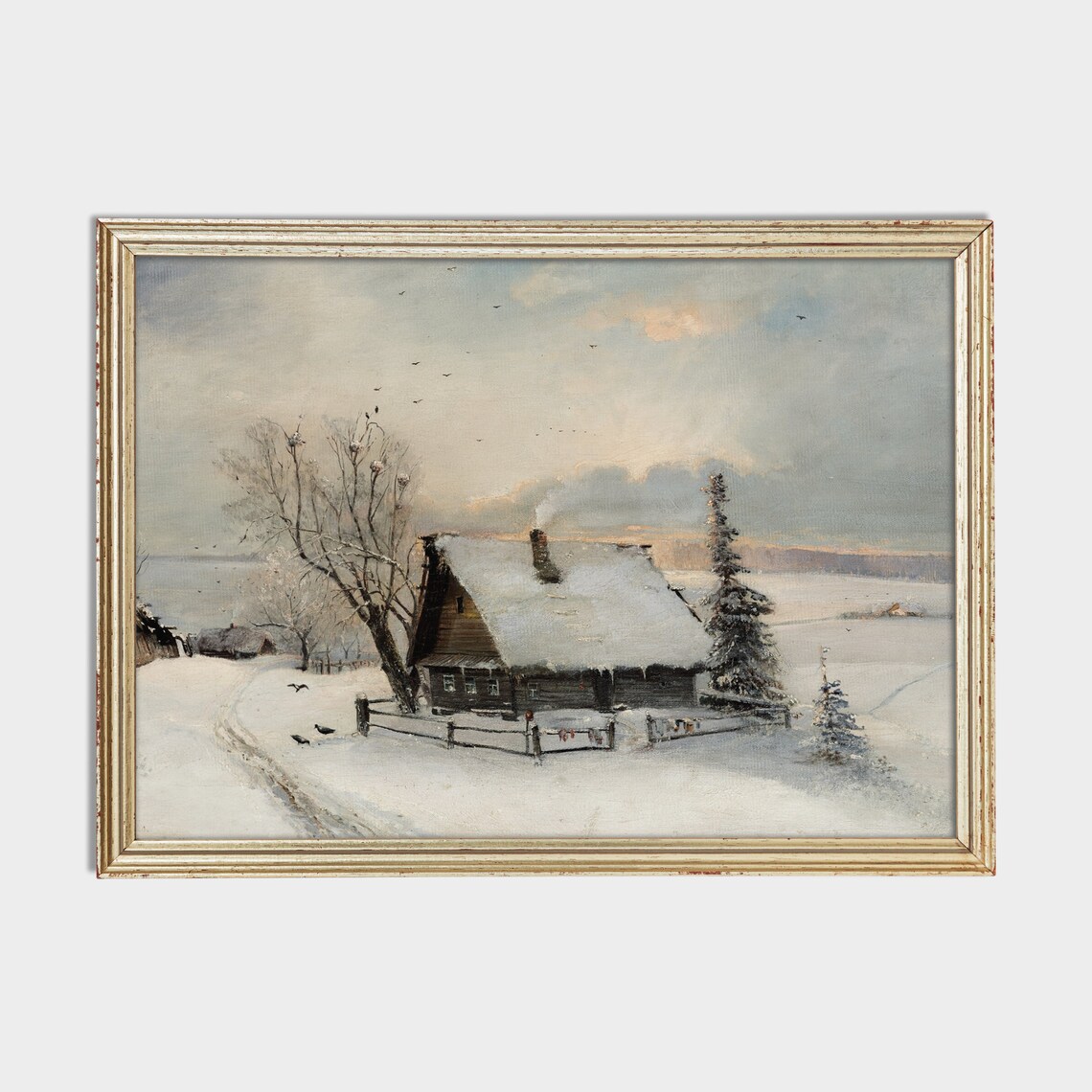 Snow Cabin Vintage Winter Landscape Rustic Art Print - Image 2