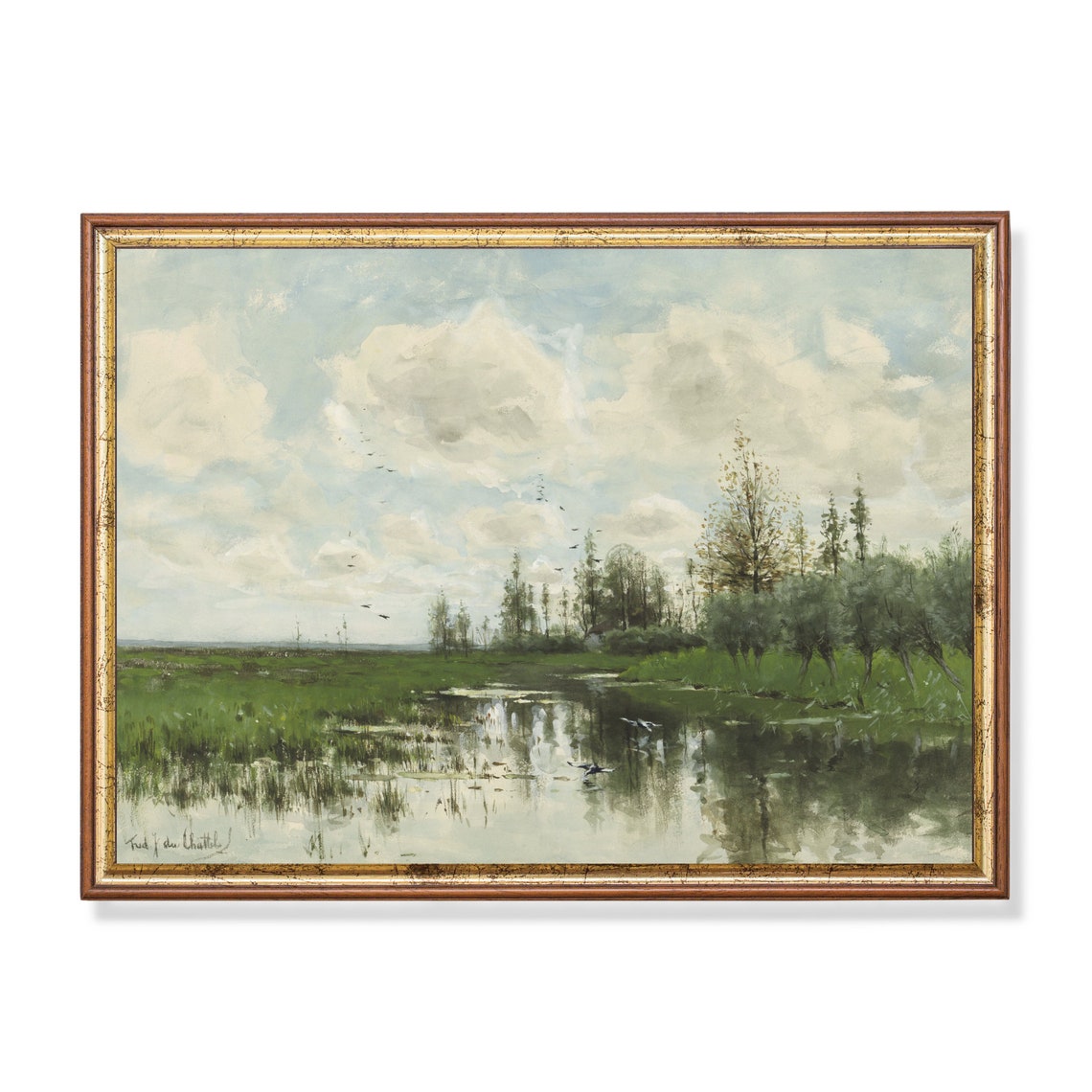Marsh River Landscape with Birds and Drifting Clouds Vintage Poster