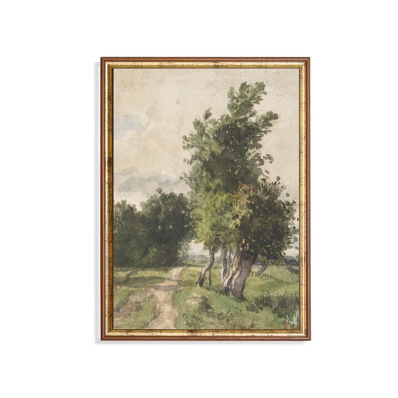 Vintage Watercolor Forest Tree Landscape Art Print