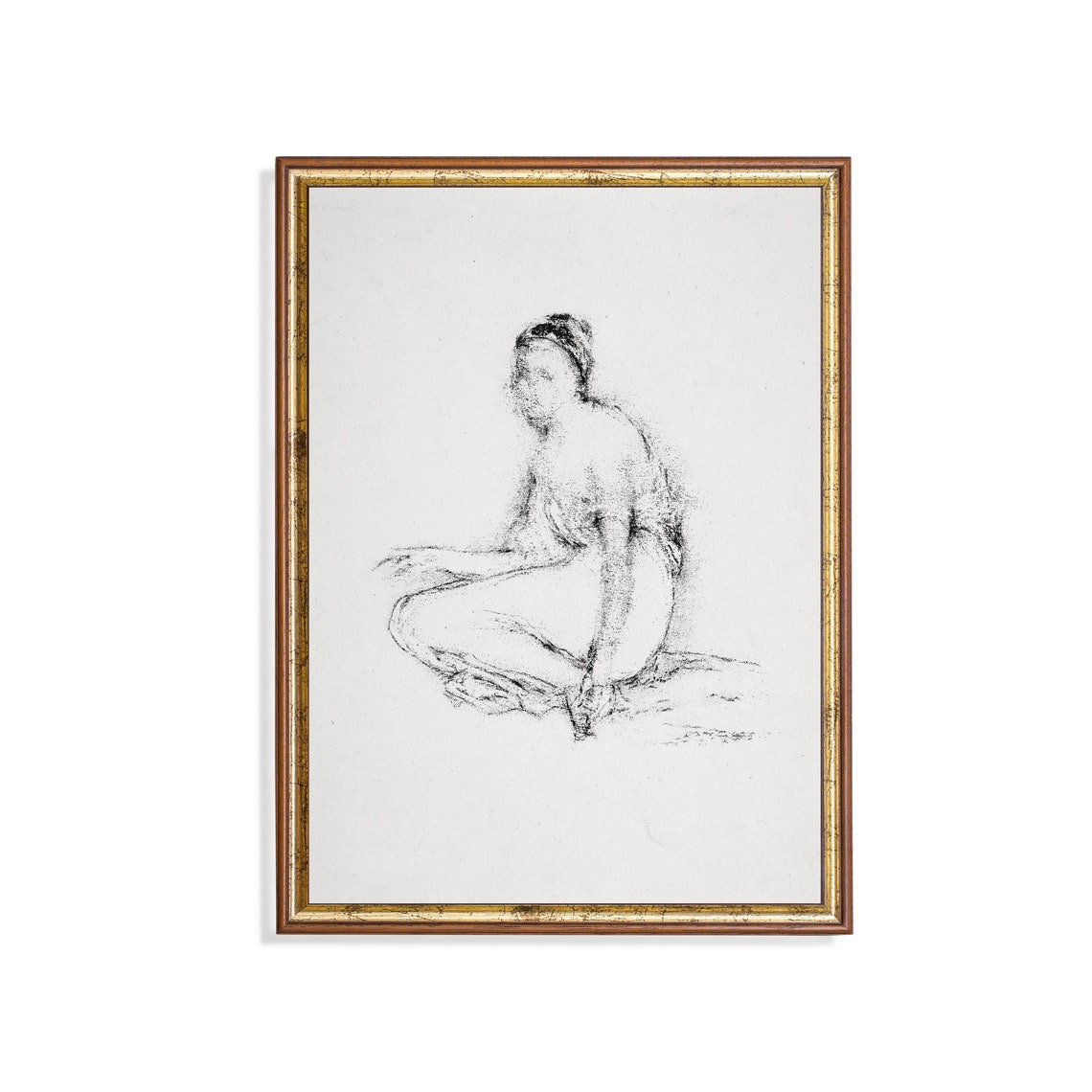 Seated Woman Drapery Study Charcoal Figure Sketch Vintage Poster