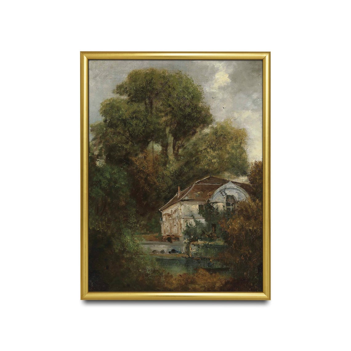 Antique Cottage Beside Pond Among Grand Trees Landscape Art Poster - Image 2