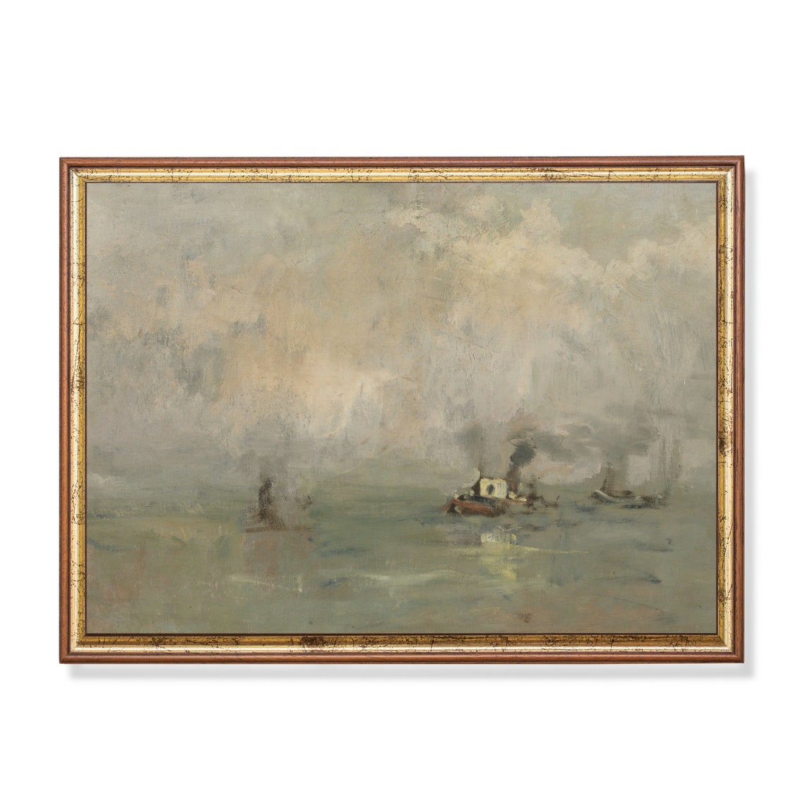 Small Boats Drifting in a Misty Foggy Harbor at Dawn Vintage Poster