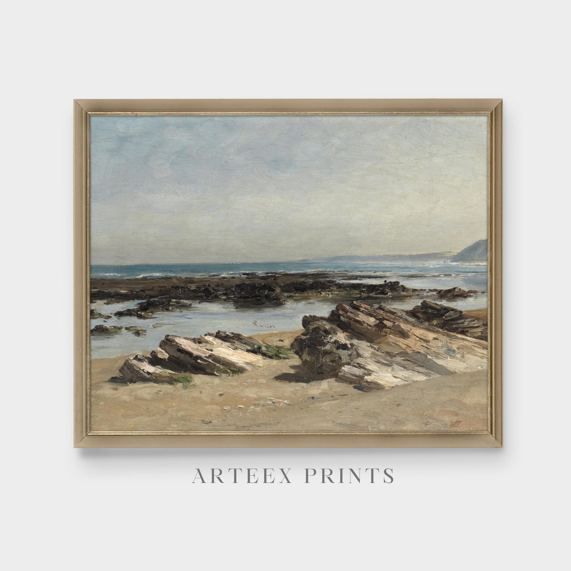 Rocky Shoreline with Tide Pools and Distant Cliffs Seaside Poster - Image 4