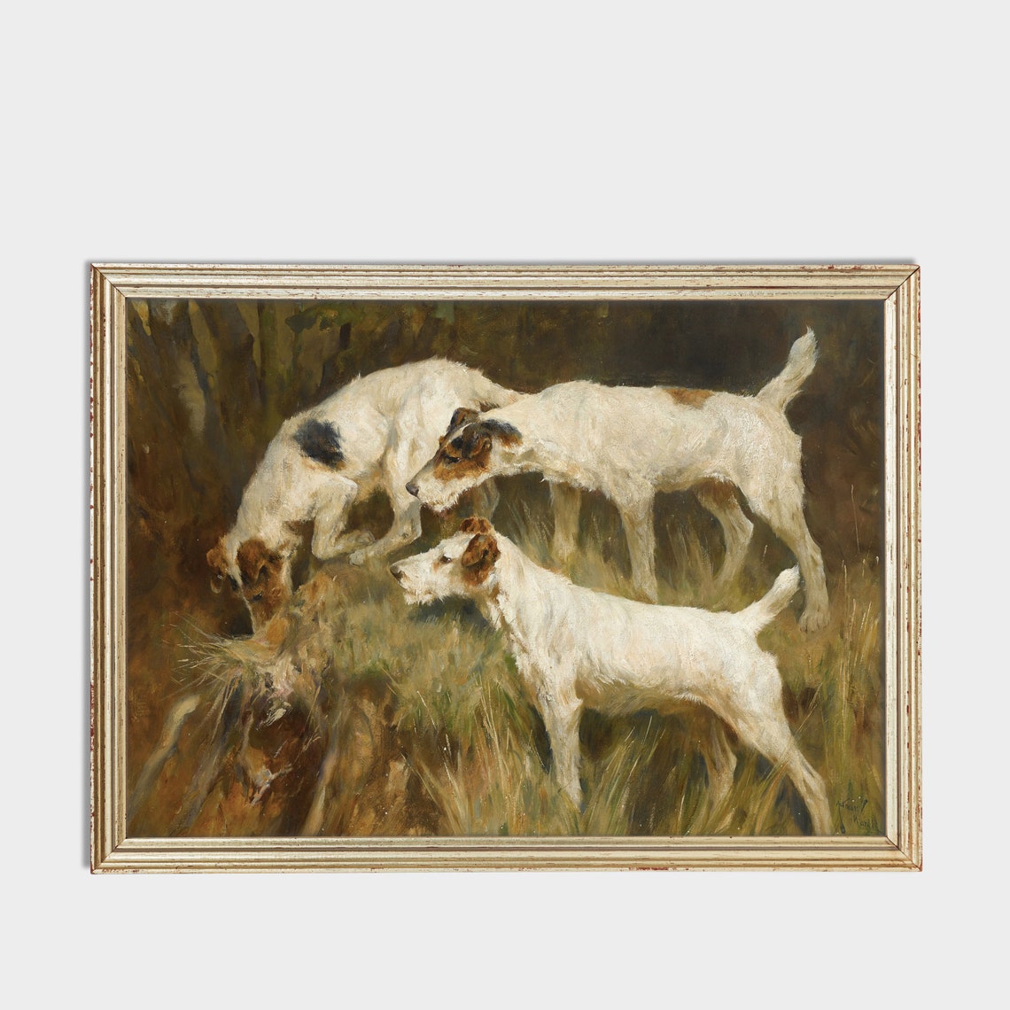 Three Fox Terriers Sniffing at a Burrow in the Dark Woods Poster - Image 3