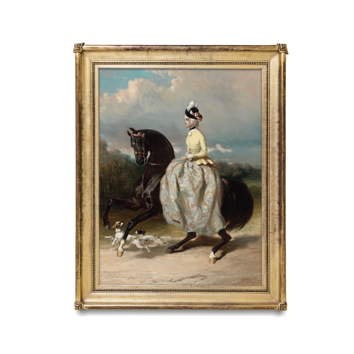 Victorian Lady in Yellow Riding Dress on Black Horse Vintage Poster - Image 2