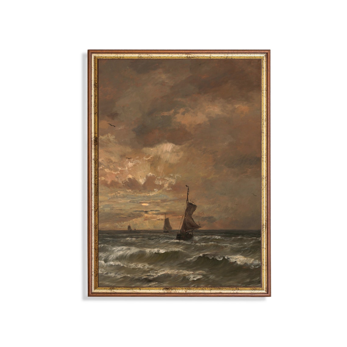 Sailboats on Rolling Waves Under a Fiery Sunset Sky Moody Poster