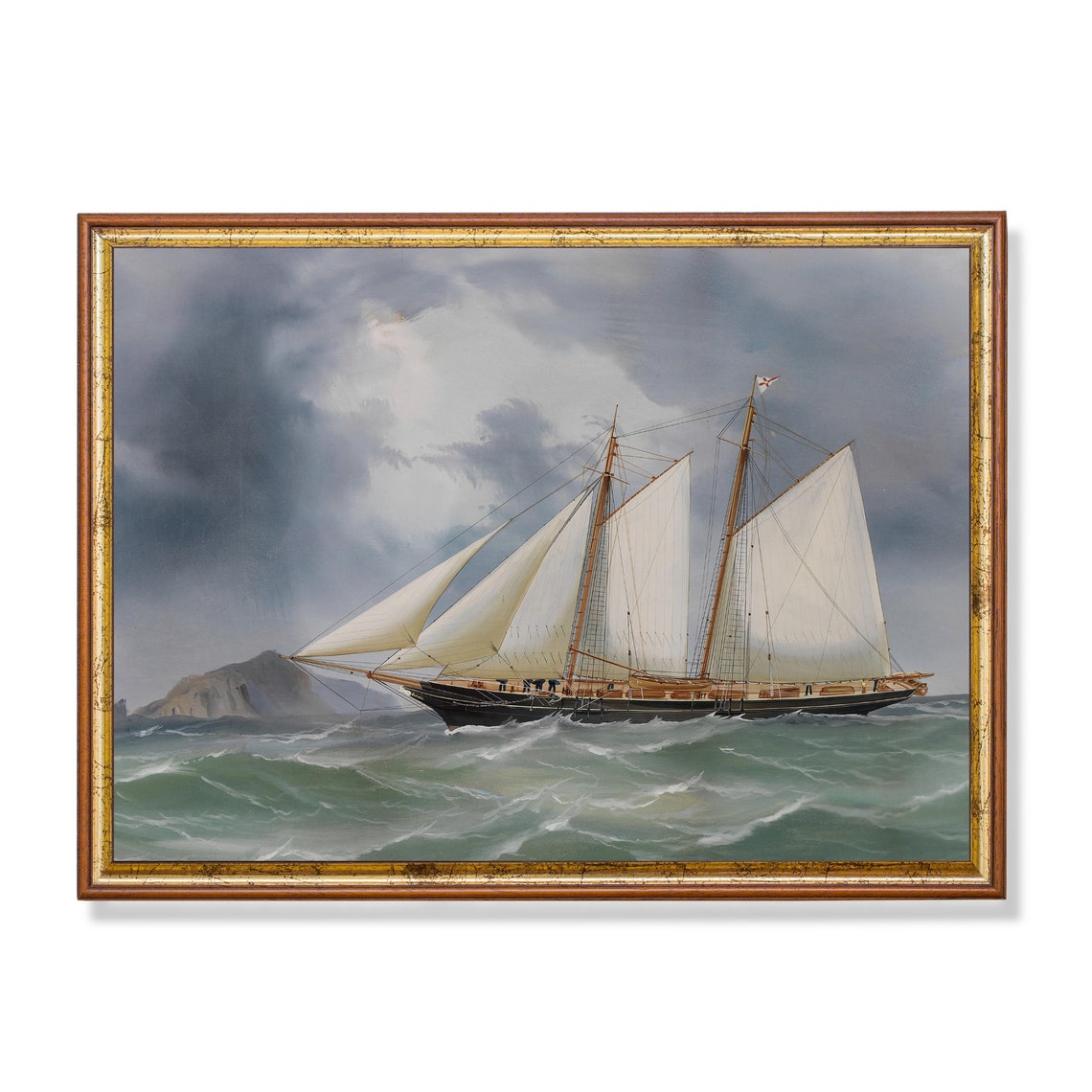 Two Masted Schooner Under Full Sail Stormy Seas Vintage Poster