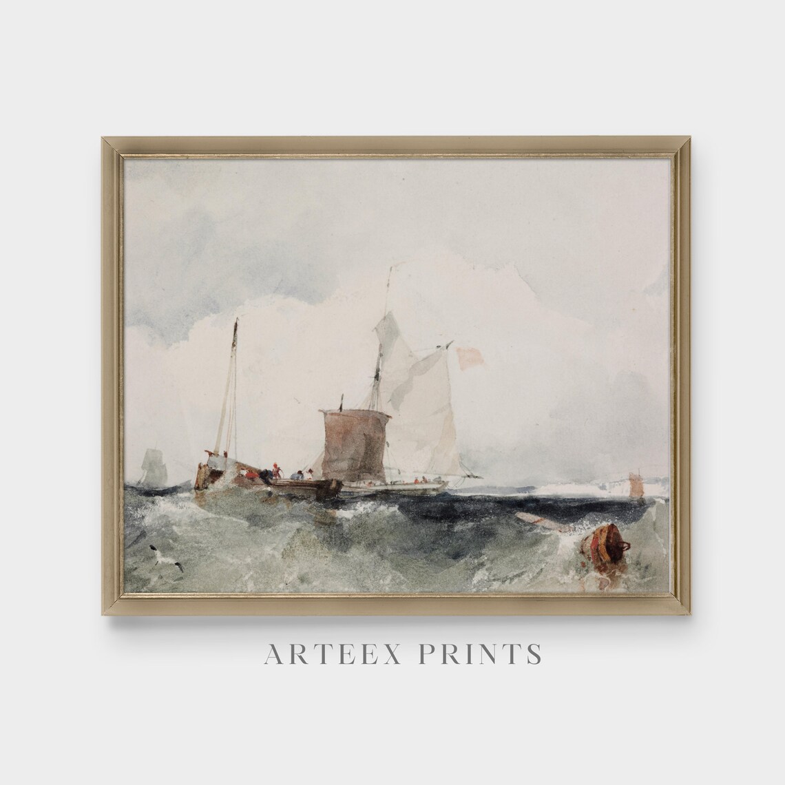 Sailing Vessels on a Choppy Grey Sea Antique Marine Watercolor Poster - Image 4