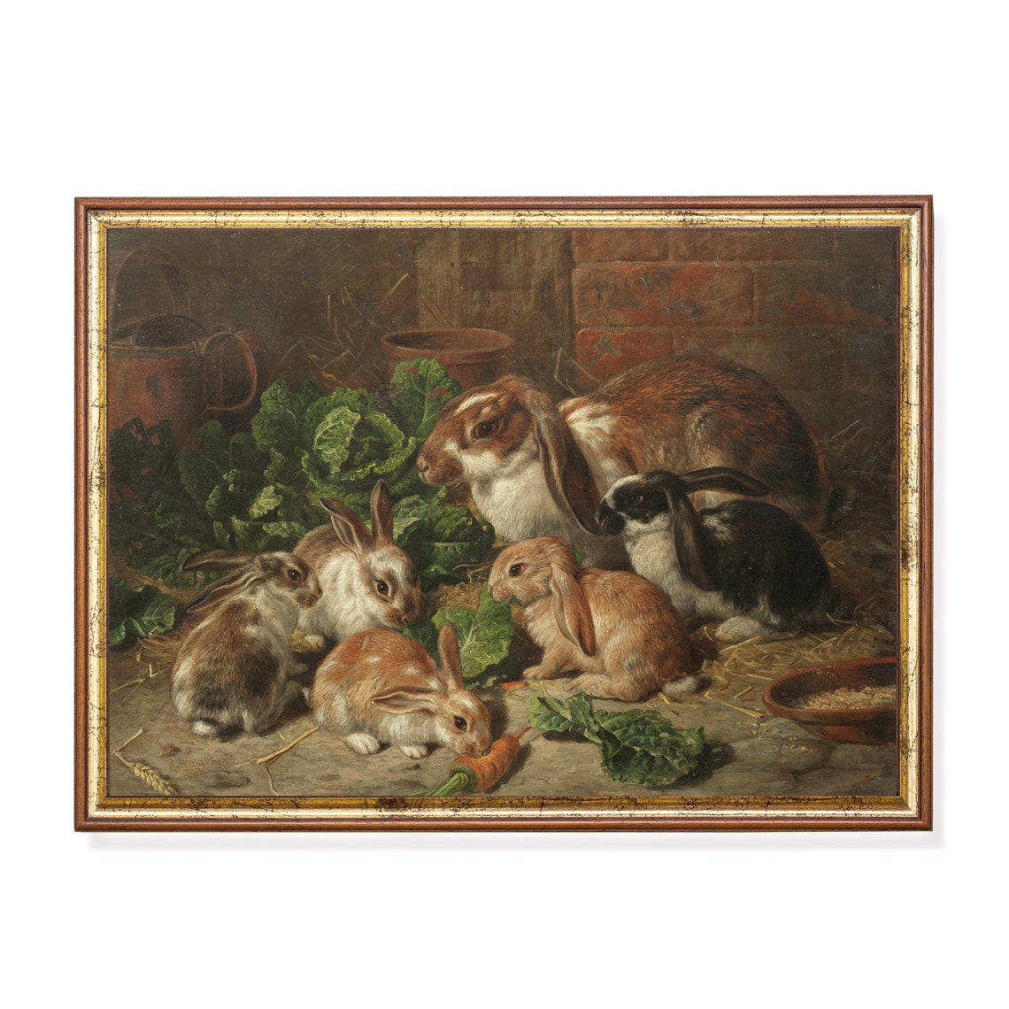 Mailed Print Vintage Rabbit Painting Antique Bunnies Print Rustic Animal Oil Painting Family Of Rabbits Print And Ship Fine Art