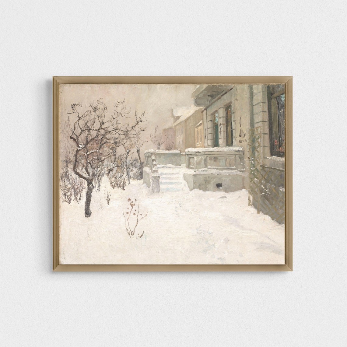 Snow Covered Stone Terrace Garden House Winter Painting Poster - Image 2