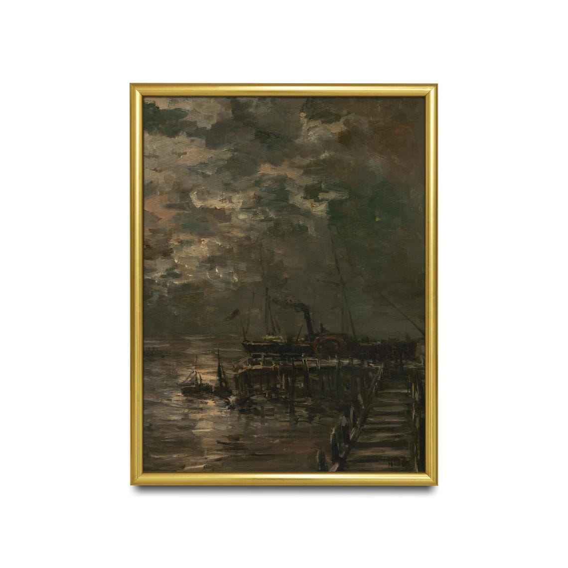 Moody Antique Harbor With Boats Under Dark Clouds Marine Poster - Image 2