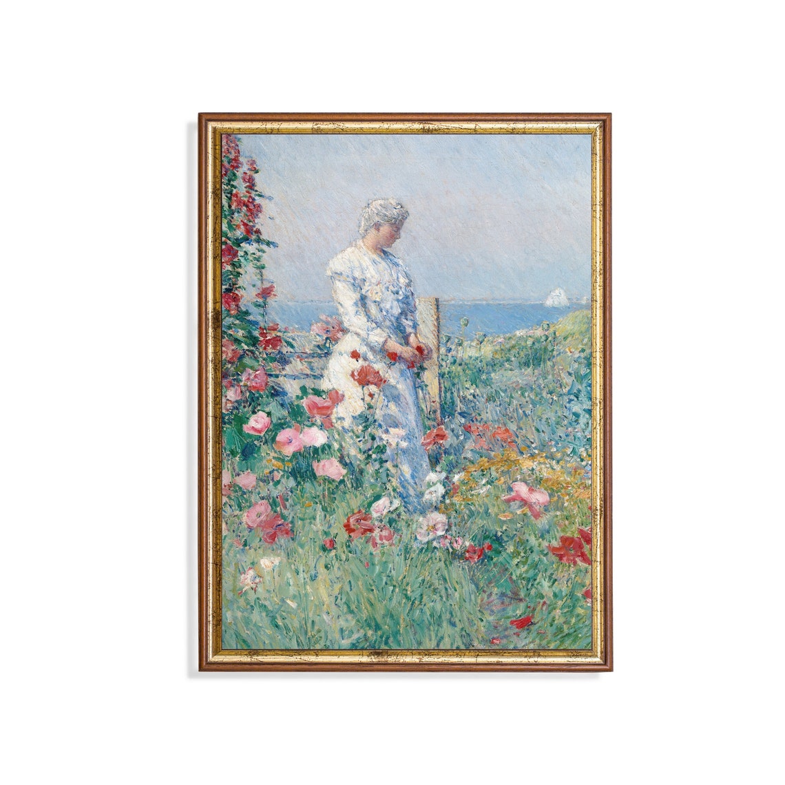 Woman in a Seaside Rose Garden Impressionist Summer Painting Poster
