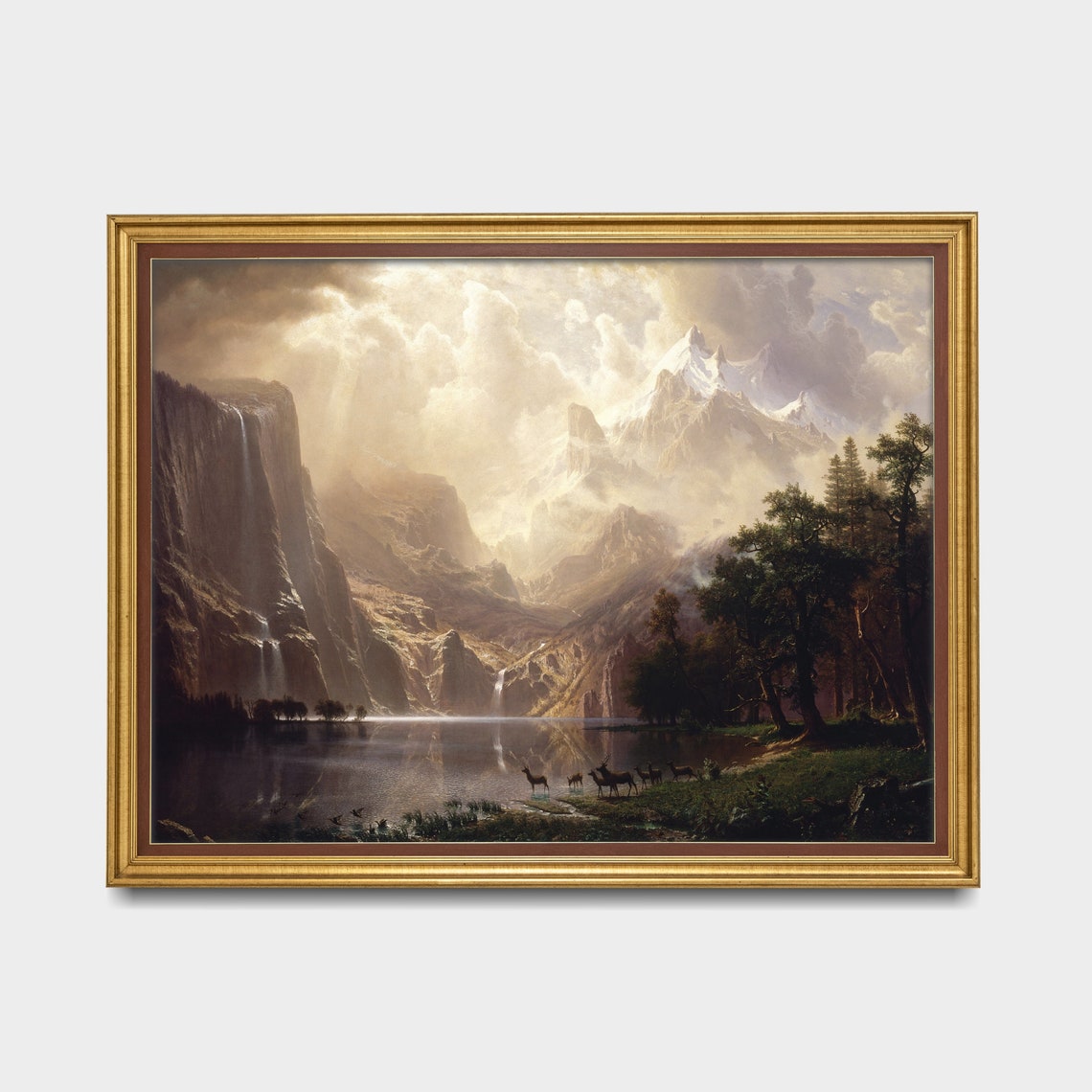 Antique Mountain Valley Waterfall with Deer at the Lake Poster - Image 3