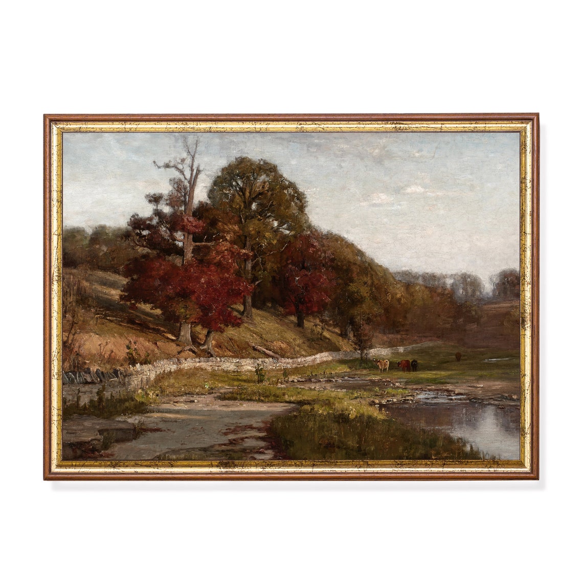 Vintage Fall Landscape Antique Fall Painting Rustic Moody Forest Print Wall Art Farmhouse Country Decor