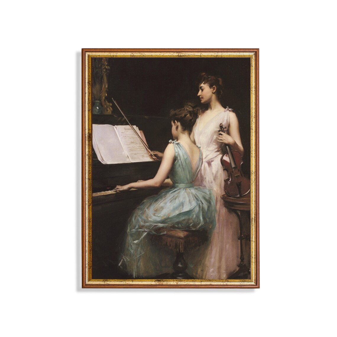 Two Women Playing Piano and Violin Vintage Musical Painting Poster