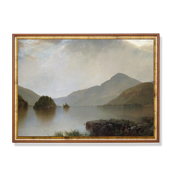 Vintage Lake Painting Antique Landscape Moody Print Wall Art Farmhouse Decor 18th Century Fine Art