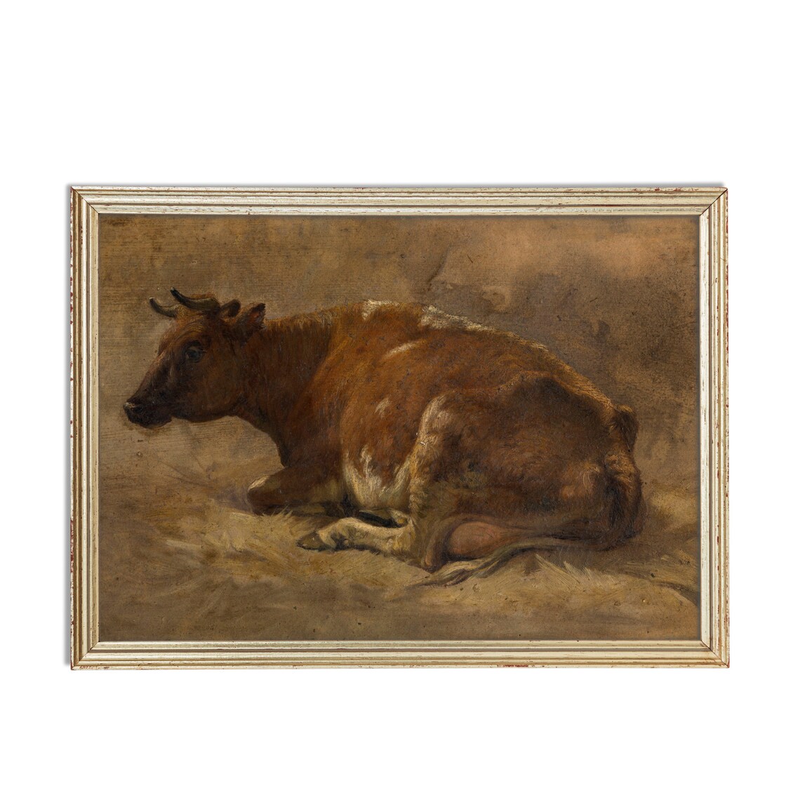 Resting Brown Cow Lying On Straw Vintage Farm Animal Art Poster - Image 3