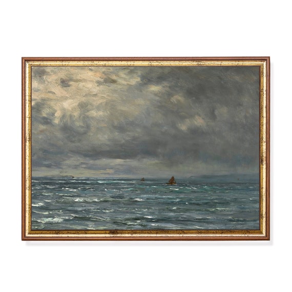Mailed Print Vintage Seascape Painting Antique Coastal Beach Print Ocean Wall Art Moody Rustic Artwork Printed And Shipped