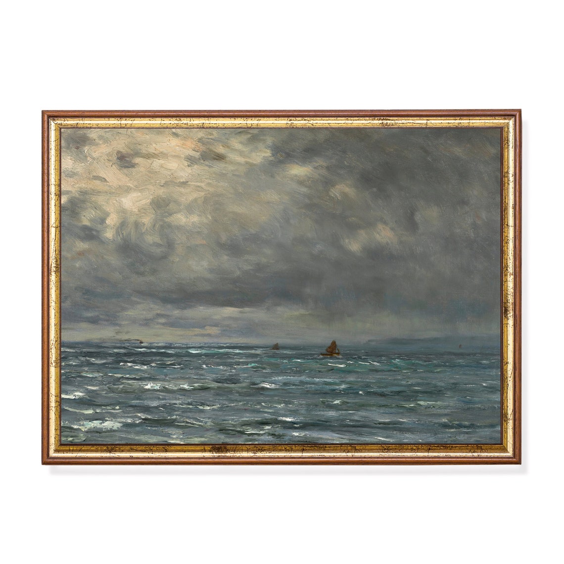Stormy Gray Seascape with Rolling Waves and Distant Sails Poster