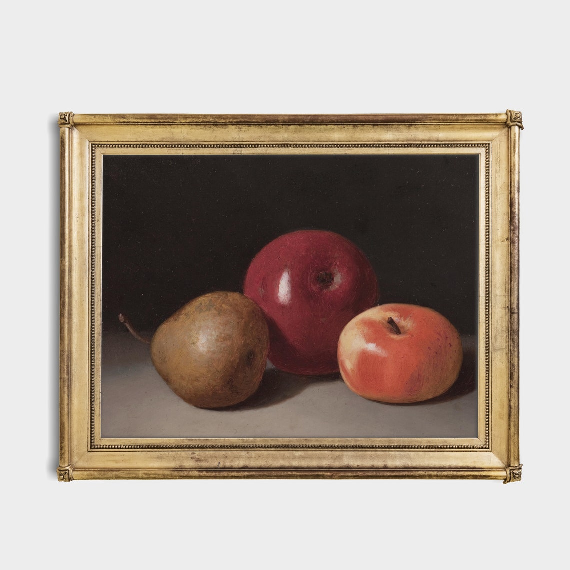 Two Apples and a Pear Resting on a Dark Moody Background Poster - Image 3