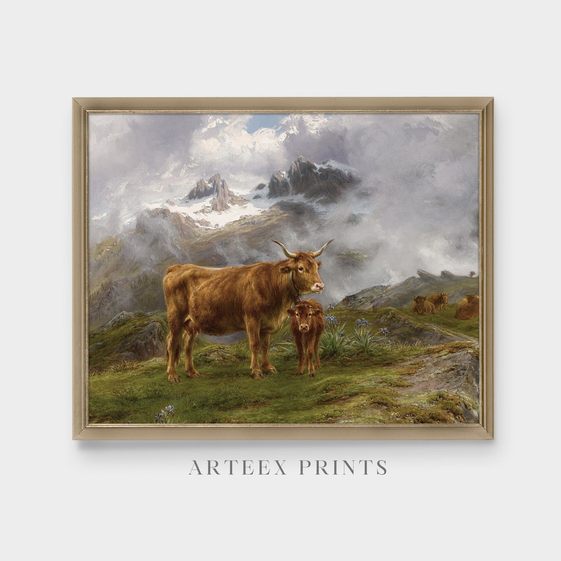 Vintage Landscape Painting Antique Cow Print Country Landscape Mountain Oil Painting Fine Art Wall Art - Image 5