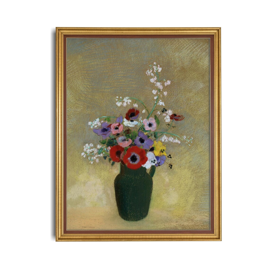 Pastel Wildflower Bouquet Green Vase Gold Ground Floral Art Poster - Image 4