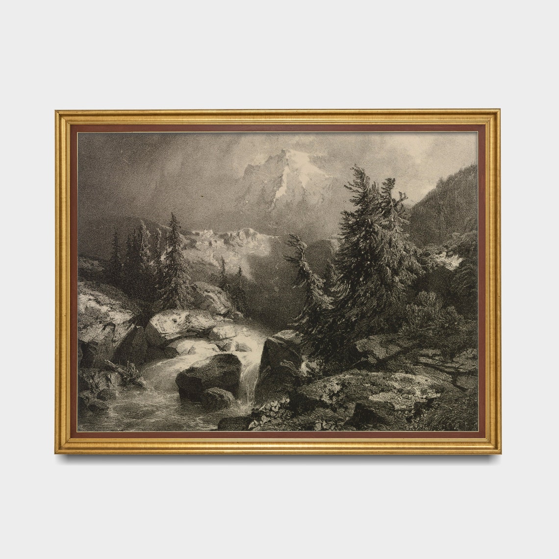 Sepia Mountain Waterfall Pines Antique Engraving Landscape Poster - Image 4
