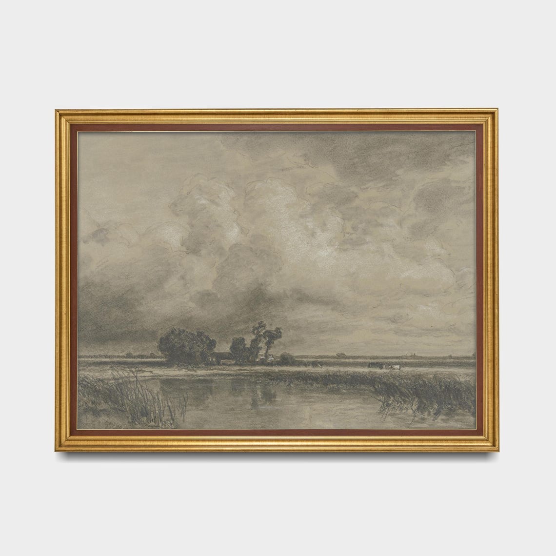 Monochrome River Landscape Sketch Dramatic Clouds Antique Art Poster - Image 5