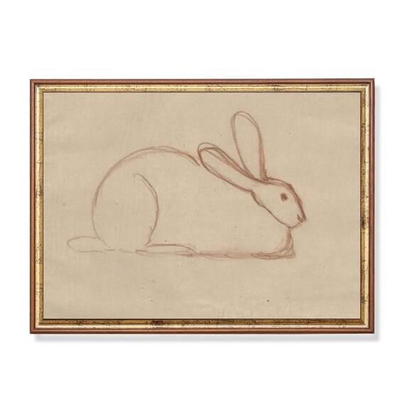 Minimalist Rabbit Line Sketch Beige Paper Modern Nursery Art Poster