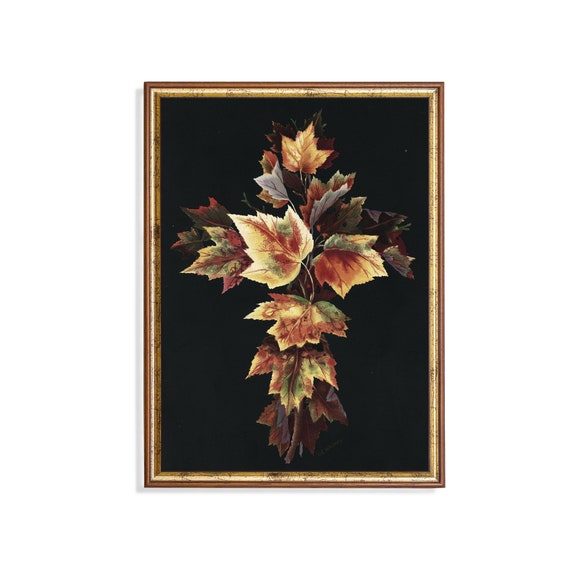 Vintage Autumn Leaves Antique Fall Painting Moody Rustic Botanical Art Print Dark Academia Wall Art