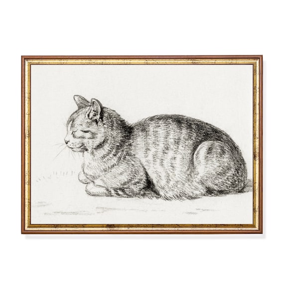 Sleeping Tabby Cat Resting in a Vintage Pencil Sketch Poster