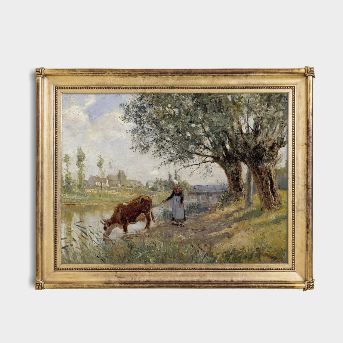 Milkmaid with a Cow Drinking at the Riverbank Impressionist Poster - Image 2