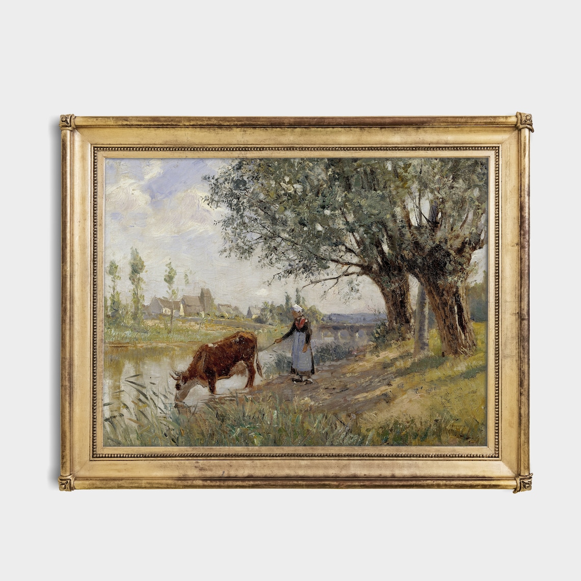 Woman Leading a Cow to Drink at the River Antique Countryside Poster - Image 2