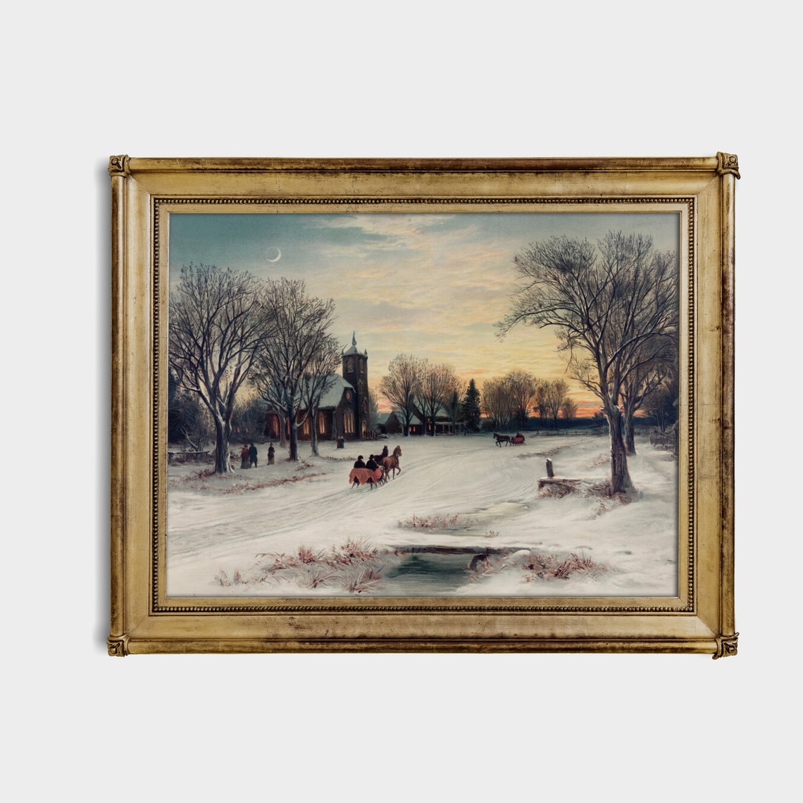 Horse Sleigh Passing A Church At Winter Twilight Vintage Poster - Image 3